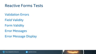 digitaldrummerjhttps://digitaldrummerj.me
Reactive Forms Tests
Validation Errors
Field Validity
Form Validity
Error Messages
Error Message Display
11
 