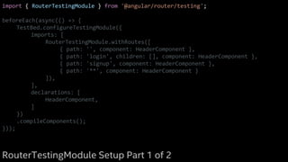 import { RouterTestingModule } from '@angular/router/testing';
beforeEach(async(() => {
TestBed.configureTestingModule({
imports: [
RouterTestingModule.withRoutes([
{ path: '', component: HeaderComponent },
{ path: 'login', children: [], component: HeaderComponent },
{ path: 'signup', component: HeaderComponent },
{ path: '**', component: HeaderComponent }
]),
],
declarations: [
HeaderComponent,
]
})
.compileComponents();
}));
RouterTestingModule Setup Part 1 of 2
 