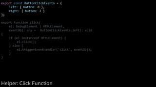 export const ButtonClickEvents = {
left: { button: 0 },
right: { button: 2 }
};
export function click(
el: DebugElement | HTMLElement,
eventObj: any = ButtonClickEvents.left): void
{
if (el instanceof HTMLElement) {
el.click();
} else {
el.triggerEventHandler('click', eventObj);
}
}
Helper: Click Function
 