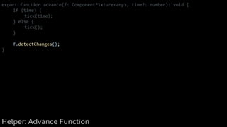 export function advance(f: ComponentFixture<any>, time?: number): void {
if (time) {
tick(time);
} else {
tick();
}
f.detectChanges();
}
Helper: Advance Function
 