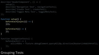 describe('HeaderComponent', () => {
setup();
describe('Navigation Test', navigationTests);
describe('Create Test', createTest);
describe('Toggle Menu Test', toggleMenuTest);
});
function setup() {
beforeEach(async(() => {
}));
beforeEach(() => {
});
}
function navigationTests() {
beforeEach(() => {
allLinkDes = fixture.debugElement.queryAll(By.directive(RouterLinkWithHref));
});
}
Grouping Tests
 