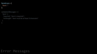 formErrors = {
'item': ''
};
validationMessages = {
'item': {
'required': 'Item is required.',
'minlength': 'Item must be at least 3 characters'
}
};
Error Messages
 