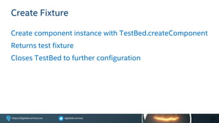 digitaldrummerjhttps://digitaldrummerj.me
Create Fixture
Create component instance with TestBed.createComponent
Returns test fixture
Closes TestBed to further configuration
25
 
