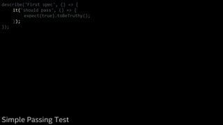 describe('First spec', () => {
it('should pass', () => {
expect(true).toBeTruthy();
});
});
Simple Passing Test
 