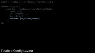 import { TestBed } from '@angular/core/testing';
beforeEach(() => {
const bed = TestBed.configureTestingModule({
imports: [],
declarations: [],
providers: [],
schemas: [NO_ERRORS_SCHEMA],
});
});
TestBed Config Layout
 