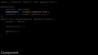 import { Component, OnInit } from '@angular/core';
@Component({
selector: 'app-simple',
templateUrl: './simple.component.html',
styleUrls: ['./simple.component.scss']
})
export class SimpleComponent implements OnInit {
subject = 'World';
constructor() { }
ngOnInit() {
}
}
Component
 