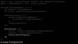 import { async, ComponentFixture, TestBed } from '@angular/core/testing';
import { SimpleComponent } from './simple.component';
describe('SimpleComponent', () => {
let component: SimpleComponent;
let fixture: ComponentFixture<SimpleComponent>;
beforeEach(async(() => {
TestBed.configureTestingModule({
declarations: [ SimpleComponent ]
})
.compileComponents();
}));
beforeEach(() => {
fixture = TestBed.createComponent(SimpleComponent);
component = fixture.componentInstance;
fixture.detectChanges();
});
});
Create Component
 