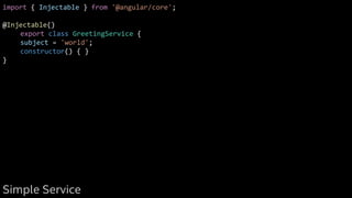 import { Injectable } from '@angular/core';
@Injectable()
export class GreetingService {
subject = 'world';
constructor() { }
}
Simple Service
 