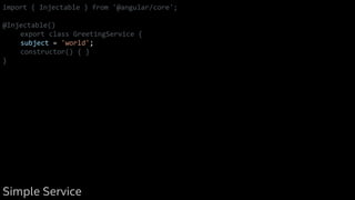 import { Injectable } from '@angular/core';
@Injectable()
export class GreetingService {
subject = 'world';
constructor() { }
}
Simple Service
 