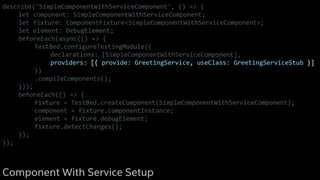describe('SimpleComponentWithServiceComponent', () => {
let component: SimpleComponentWithServiceComponent;
let fixture: ComponentFixture<SimpleComponentWithServiceComponent>;
let element: DebugElement;
beforeEach(async(() => {
TestBed.configureTestingModule({
declarations: [SimpleComponentWithServiceComponent],
providers: [{ provide: GreetingService, useClass: GreetingServiceStub }]
})
.compileComponents();
}));
beforeEach(() => {
fixture = TestBed.createComponent(SimpleComponentWithServiceComponent);
component = fixture.componentInstance;
element = fixture.debugElement;
fixture.detectChanges();
});
});
Component With Service Setup
 