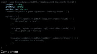 export class SimpleComponentWithServiceComponent implements OnInit {
subject: string;
greeting: string;
punctuation: string;
constructor(private greetingService: GreetingService) { }
ngOnInit() {
this.greetingService.getSubject().subscribe((result) => {
this.subject = result;
});
this.greetingService.getGreeting().subscribe((result) => {
this.greeting = result;
});
this.greetingService.getPunctuation().subscribe((result) => {
this.punctuation = result;
});
}
}
Component
 