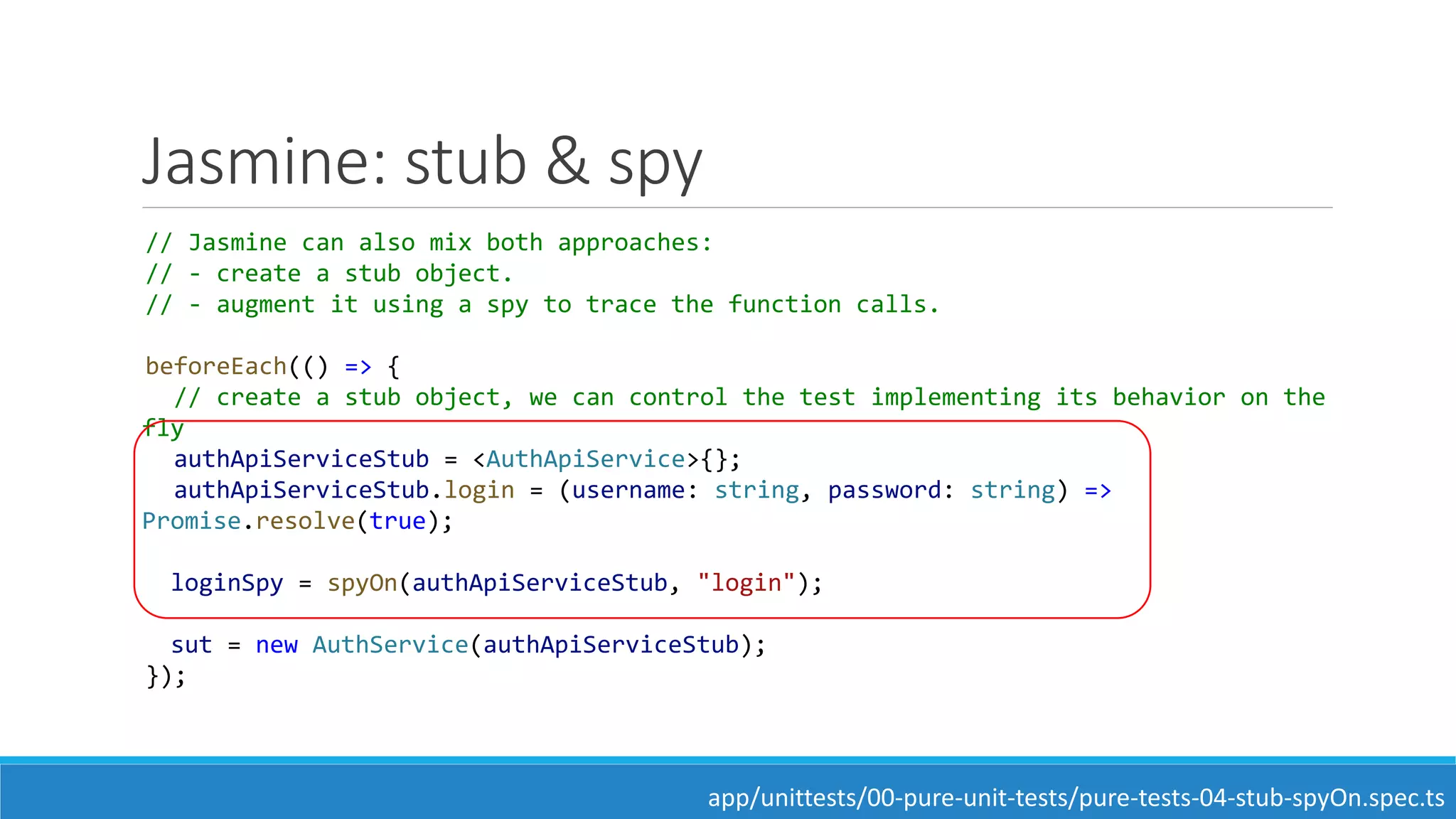 Jasmine: stub & spy
// Jasmine can also mix both approaches:
// - create a stub object.
// - augment it using a spy to trace the function calls.
beforeEach(() => {
// create a stub object, we can control the test implementing its behavior on the
fly
authApiServiceStub = <AuthApiService>{};
authApiServiceStub.login = (username: string, password: string) =>
Promise.resolve(true);
loginSpy = spyOn(authApiServiceStub, "login");
sut = new AuthService(authApiServiceStub);
});
app/unittests/00-pure-unit-tests/pure-tests-04-stub-spyOn.spec.ts
 