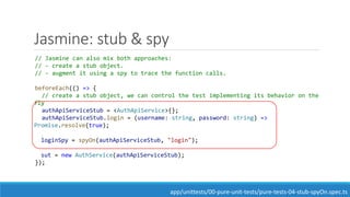 Jasmine: stub & spy
// Jasmine can also mix both approaches:
// - create a stub object.
// - augment it using a spy to trace the function calls.
beforeEach(() => {
// create a stub object, we can control the test implementing its behavior on the
fly
authApiServiceStub = <AuthApiService>{};
authApiServiceStub.login = (username: string, password: string) =>
Promise.resolve(true);
loginSpy = spyOn(authApiServiceStub, "login");
sut = new AuthService(authApiServiceStub);
});
app/unittests/00-pure-unit-tests/pure-tests-04-stub-spyOn.spec.ts
 