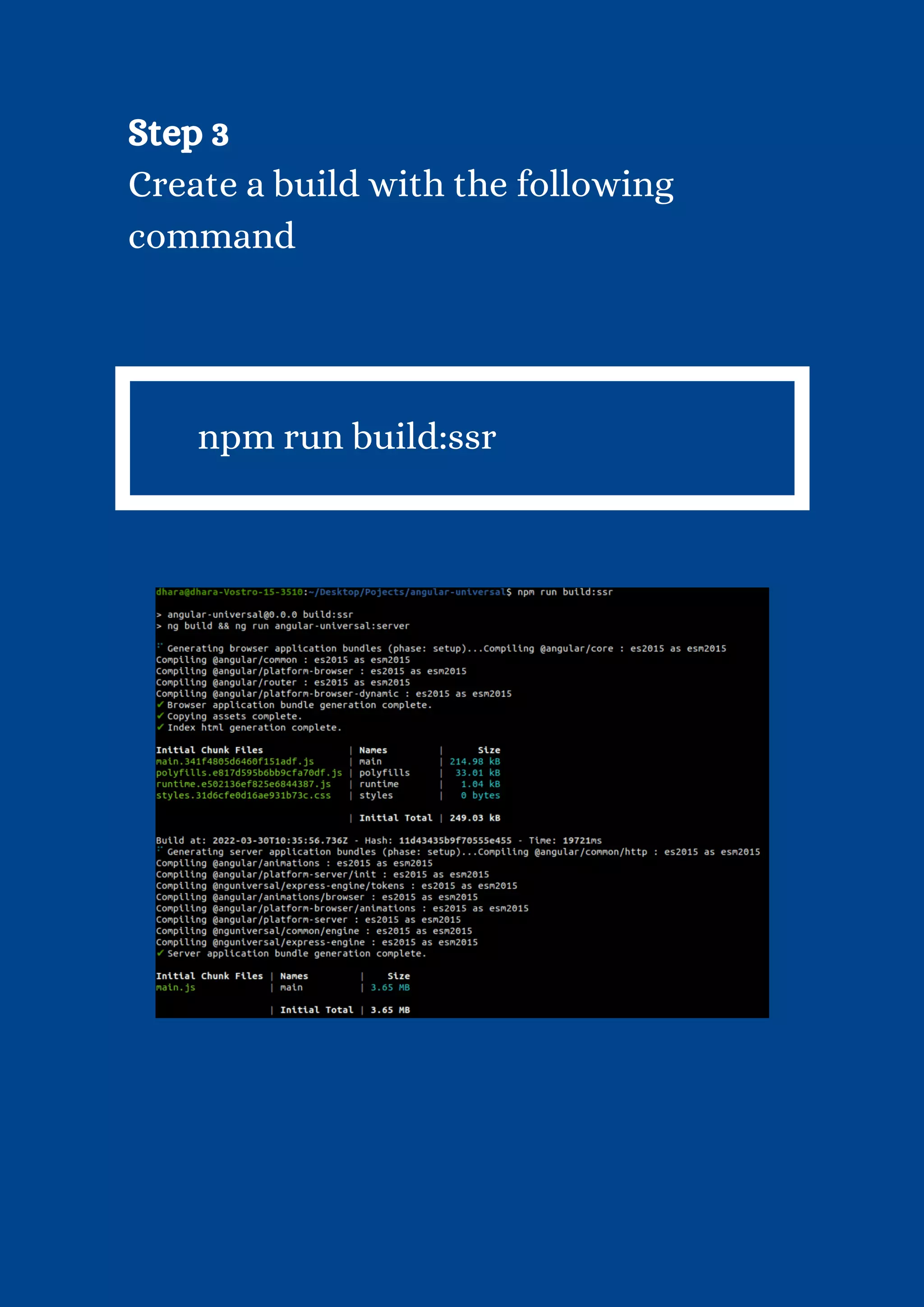 Step 3 Create a build with the following command npm run build:ssr 
