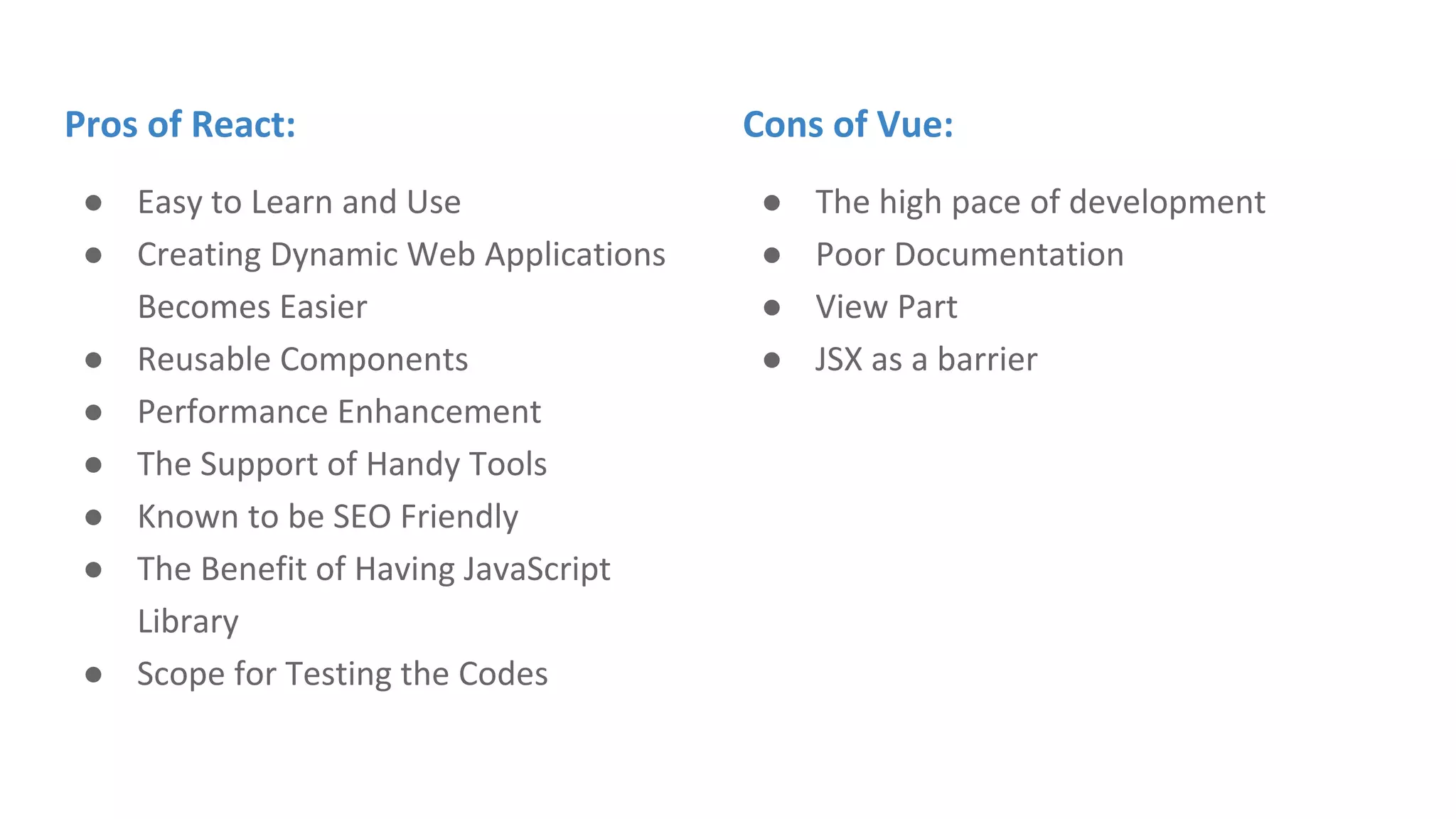 Pros of React:
● Easy to Learn and Use
● Creating Dynamic Web Applications
Becomes Easier
● Reusable Components
● Performance Enhancement
● The Support of Handy Tools
● Known to be SEO Friendly
● The Benefit of Having JavaScript
Library
● Scope for Testing the Codes
Cons of Vue:
● The high pace of development
● Poor Documentation
● View Part
● JSX as a barrier
 