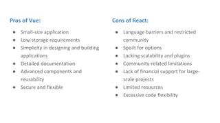 Pros of Vue:
● Small-size application
● Low-storage requirements
● Simplicity in designing and building
applications
● Detailed documentation
● Advanced components and
reusability
● Secure and flexible
Cons of React:
● Language barriers and restricted
community
● Spoilt for options
● Lacking scalability and plugins
● Community-related limitations
● Lack of financial support for large-
scale projects
● Limited resources
● Excessive code flexibility
 