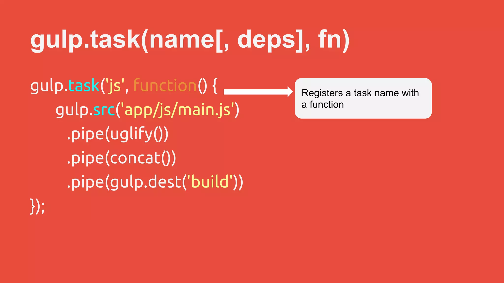 gulp.task(name[, deps], fn) 
gulp.task('js', function() { 
gulp.src('app/js/main.js') 
.pipe(uglify()) 
.pipe(concat()) 
.pipe(gulp.dest('build')) 
}); 
Registers a task name with 
a function 
 
