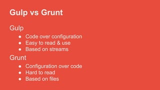 Gulp vs Grunt 
Gulp 
● Code over configuration 
● Easy to read & use 
● Based on streams 
Grunt 
● Configuration over code 
● Hard to read 
● Based on files 
 
