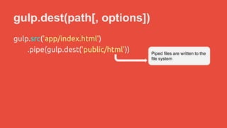 gulp.dest(path[, options]) 
gulp.src('app/index.html') 
.pipe(gulp.dest('public/html')) Piped files are written to the 
file system 
 
