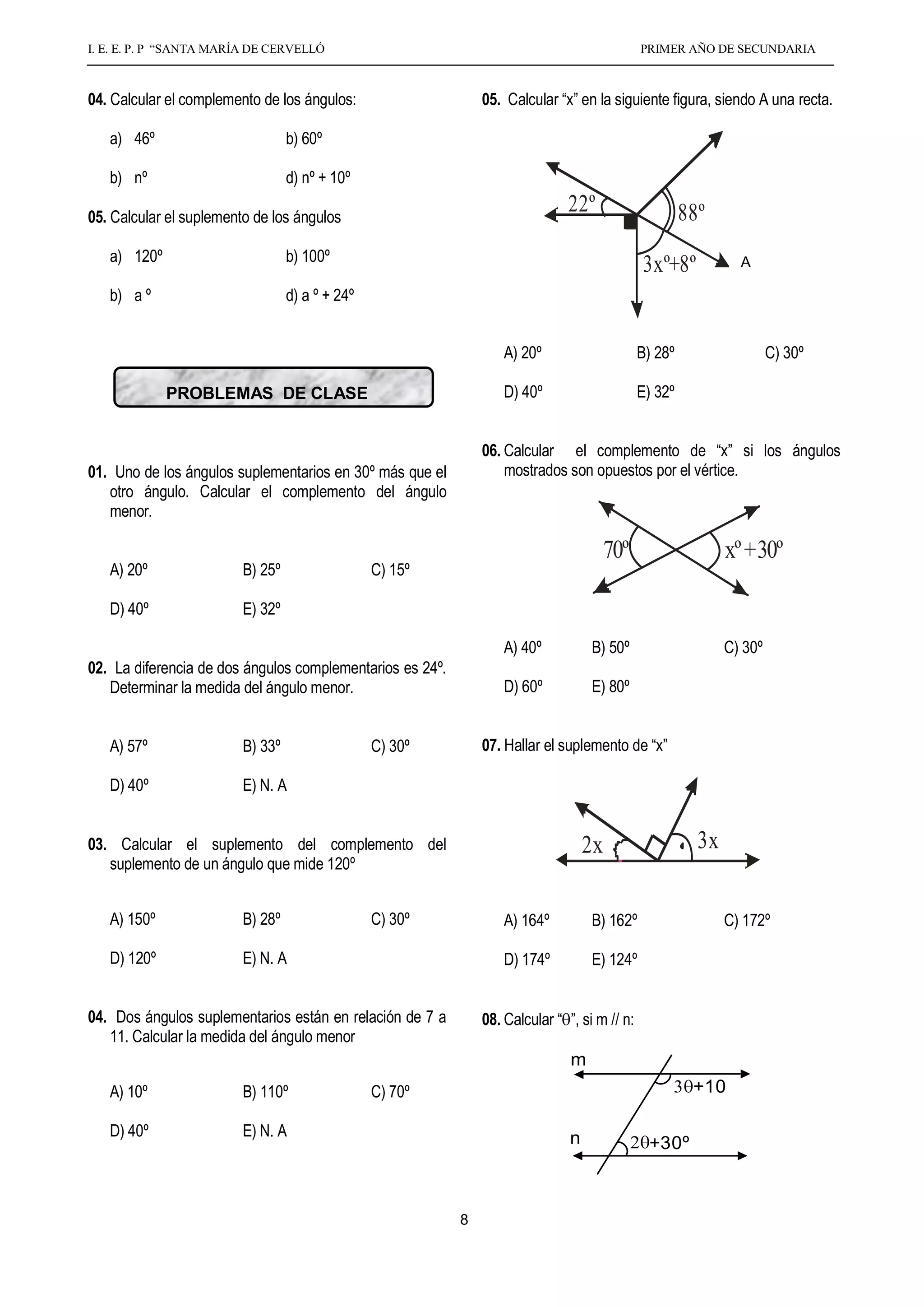 I. E. E. P. P “SANTA MARÍA DE CERVELLÓ                                                        PRIMER AÑO DE SECUNDARIA



04. Calcular el complemento de los ángulos:                    05. Calcular “x” en la siguiente figura, siendo A una recta.

   a) 46º                         b) 60º

   b) nº                          d) nº + 10º

05. Calcular el suplemento de los ángulos
                                                                              22º                      88º
   a) 120º                        b) 100º
                                                                                              3xº+8º            A

   b) a º                         d) a º + 24º


                                                                   A) 20º                     B) 28º                   C) 30º

             PROBLEMAS DE CLASE                                    D) 40º                     E) 32º


                                                               06. Calcular el complemento de “x” si los ángulos
01. Uno de los ángulos suplementarios en 30º más que el            mostrados son opuestos por el vértice.
   otro ángulo. Calcular el complemento del ángulo
   menor.

                                                                                        70º                   xº + 30º
   A) 20º                B) 25º                  C) 15º

   D) 40º                E) 32º

                                                                   A) 40º          B) 50º                     C) 30º
02. La diferencia de dos ángulos complementarios es 24º.
   Determinar la medida del ángulo menor.                          D) 60º          E) 80º


   A) 57º                B) 33º                  C) 30º        07. Hallar el suplemento de “x”

   D) 40º                E) N. A


03. Calcular el suplemento del complemento del                                     2x                    3x                     2x
   suplemento de un ángulo que mide 120º


   A) 150º               B) 28º                  C) 30º            A) 164º         B) 162º                    C) 172º

   D) 120º               E) N. A                                   D) 174º         E) 124º


04. Dos ángulos suplementarios están en relación de 7 a        08. Calcular “ ”, si m // n:
   11. Calcular la medida del ángulo menor
                                                                               m
   A) 10º                B) 110º                 C) 70º                                                 +10

   D) 40º                E) N. A                                               n               +30º



                                                           8
 