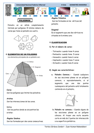 Universidad Nacional Federico Villarreal

X Ciclo

GEOMETRÍA MODERNA

Ángulos Poliedros
POLIEDROS
Poliedro

es

un

sólido

Son los formados en los vértices del
completamente

limitado por polígonos. El mínimo número de
caras que tiene un poliedro es cuatro.

poliedro
Diagonal
Es el segmento que une dos vértices no
situados en la misma cara

CLASIFICACION
1) Por el número de caras:
- Tetraedro: cuando tiene 4 caras
ELEMENTOS DE UN POLIEDRO

- Pentaedro: cuando tiene 5 caras

Los elementos principales de un poliedro son:

- Hexaedro: cuando tiene 6 caras
- Heptaedro: cuando tiene 7 caras

Vértice

- Octaedro: cuando tiene 8 caras
Diagonal

2) Según sus características:
Cara
Arista

a. Poliedro Convexo.-

Cuando cualquiera

de sus secciones planas es un polígono
convexo,
segmento

o

equivalentemente,
que

une

dos

si

el

puntos

cualesquiera del poliedro está totalmente
Caras

contenido en el poliedro.

Son los polígonos que limitan los poliedros.
Aristas
Son las intersecciones de las caras.
Vértice

Son los puntos donde se encuentran las
aristas-

b. Poliedro no convexo.- Cuando alguna de
las secciones planas es un polígono
cóncavo. Al trazar una recta secante

Ángulos Diedros

corta en más de 2 puntos de intersección

Son los formados por dos caras consecutivas.

a su superficie poliédrica.
Toribio Córdova Condori – Juan Huiman Nakandakari

 