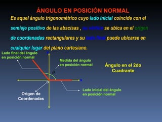 ÁNGULO EN POSICIÓN NORMAL
     Es aquel ángulo trigonométrico cuyo lado inicial coincide con el
     semieje positivo de las abscisas , su vértice se ubica en el origen
     de coordenadas rectangulares y su lado final puede ubicarse en
     cualquier lugar del plano cartesiano.
Lado final del ángulo   Y
en posición normal
                                Medida del ángulo
                                en posición normal          Ángulo en el 2do
                            θ                                 Cuadrante

                        o                  x

                                               Lado inicial del ángulo
          Origen de                            en posición normal
         Coordenadas
 