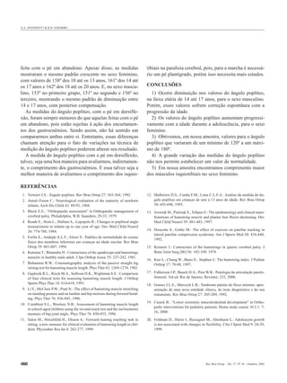 A.A. AFFONSO FO & R.D. NAVARRO




feita com o pé em abandono. Apesar disso, as medidas                              tibiais na paralisia cerebral, pois, para a marcha é necessá-
mostraram o mesmo padrão crescente no sexo feminino,                              rio um pé plantígrado, porém isso necessita mais estudos.
com valores de 158º dos 10 até os 13 anos, 161º dos 14 até
os 17 anos e 162º dos 18 até os 20 anos. E, no sexo mascu-                        CONCLUSÕES
lino, 153º no primeiro grupo, 151º no segundo e 156º no                             1) Ocorre diminuição nos valores do ângulo poplíteo,
terceiro, mostrando o mesmo padrão de diminuição entre                            na faixa etária de 14 até 17 anos, para o sexo masculino.
14 e 17 anos, com posterior compensação.                                          Porém, esses valores sofrem correção espontânea com a
   As medidas do ângulo poplíteo, com o pé em dorsifle-                           progressão da idade.
xão, foram sempre menores do que aquelas feitas com o pé                            2) Os valores do ângulo poplíteo aumentam progressi-
em abandono, pois estão sujeitas à ação dos encurtamen-                           vamente com a idade durante a adolescência, para o sexo
tos dos gastrocnêmios. Sendo assim, não há sentido em                             feminino.
compararmos ambas entre si. Entretanto, essas diferenças                            3) Obtivemos, em nossa amostra, valores para o ângulo
chamam atenção para o fato de variações na técnica de                             poplíteo que variaram de um mínimo de 120º a um máxi-
medição do ângulo poplíteo poderem alterar seu resultado.                         mo de 180º.
   A medida do ângulo poplíteo com o pé em dorsiflexão,                             4) A grande variação das medidas do ângulo poplíteo
talvez, seja uma boa maneira para avaliarmos, indiretamen-                        não nos permite estabelecer um valor de normalidade.
te, o comprimento dos gastrocnêmios. E essa talvez seja a                           5) Em nossa amostra encontramos comprimento maior
melhor maneira de avaliarmos o comprimento dos isquio-                            dos músculos isquiotibiais no sexo feminino.

REFERÊNCIAS
 1. Vernieri J.S.: Ângulo poplíteo. Rev Bras Ortop 27: 363-364, 1992.             12. Malheiros D.S., Cunha F.M., Lima C.L.F.A.: Análise da medida do ân-
 2. Amiel-Tision C.: Neurological evaluation of the maturity of newborn               gulo poplíteo em crianças de sete a 13 anos de idade. Rev Bras Ortop
    infants. Arch Dis Child 43: 89-93, 1968.                                          30: 693-698, 1995.
 3. Bleck E.E.: “Orthopaedic assessment” in Orthopaedic management of             13. Jozwiak M., Pietrzak S., Tobjasz F.: The epidemiology and clinical mani-
    cerebral palsy. Philadelphia, W.B. Saunders, 29-33, 1979.                         festations of hamstring muscle and plantar foot flexor shortening. Dev
 4. Reade E., Hom L., Hallum A., Lopopolo R.: Changes in popliteal angle              Med Child Neurol 39: 481-483, 1997.
    measurement in infants up to one year of age. Dev Med Child Neurol
    26: 774-780, 1984.                                                            14. Doucette S., Goble M.: The effect of exercise on patellar tracking in
                                                                                      lateral patellar compression syndrome. Am J Sports Med 20: 434-440,
 5. Forlin E., Andujár A.L.F., Alessi S.: Padrões de normalidade do exame
                                                                                      1992.
    físico dos membros inferiores em crianças na idade escolar. Rev Bras
    Ortop 29: 601-607, 1994.                                                      15. Reimers J.: Contracture of the hamstrings in spastic cerebral palsy. J
 6. Kutsuna T., Watanabe H.: Contractures of the quadriceps and hamstrings            Bone Joint Surg [Br] 56: 102-109, 1974.
    muscles in healthy male adult. J Jpn Orthop Assoc 55: 237-242, 1981.
                                                                                  16. Kuo L., Chung W., Bates E., Stephen J.: The hamstring index. J Pediatr
 7. Bohannon R.W.: Cinematographic analysis of the passive straight leg               Orthop 17: 78-88, 1997.
    raising test for hamstring muscle length. Phys Ther 62: 1269-1274, 1982.
 8. Gajdosik R.L., Rieck M.A., Sullivan D.K., Wightman S.E.: Comparison           17. Fulkerson J.P., Buuck D.A., Post W.R.: Patologia da articulação patelo-
    of four clinical tests for assessing hamstring muscle length. J Orthop            femoral. 3rd ed. Rio de Janeiro, Revinter, 233, 2000.
    Sports Phys Ther 18: 614-618, 1993.                                           18. Gomes J.L.E., Marczyk L.R.: Síndrome patelar do flexo mínimo: apre-
 9. Li Y., McClure P.W., Pratt N.: The effect of hamstring muscle stretching          sentação de uma nova entidade clínica, do teste diagnóstico e do seu
    on standing posture and on lumbar and hip motions during forward bend-            tratamento. Rev Bras Ortop 27: 205-209, 1992.
    ing. Phys Ther 76: 836-845, 1996.
                                                                                  19. Cusick B.: “Lower extremity musculoskeletal development” in Ortho-
10. Cornbleet S.L., Woolsey N.B.: Assessment of hamstring muscle length
                                                                                      pedic interventions for pediatric patients. Home study course 10.2.1: 7-
    in school-aged children using the sit-and-reach test and the inclinometer
                                                                                      16, 2000.
    measure of hip joint angle. Phys Ther 76: 850-855, 1996.
11. Salen M., Hirschfeld H., Olsson A.: Forward leaning reaching task in          20. Feldman D., Shrier I., Rossignol M., Abenhaim L.: Adolescent growth
    sitting: a new measure for clinical evaluation of hamstring length in chil-       is not associated with changes in flexibility. Clin J Sport Med 9: 24-29,
    dren. Physiother Res Int 4: 262-277, 1999.                                        1999.




466                                                                                                                     Rev Bras Ortop _ Vol. 37, Nº 10 – Outubro, 2002
 