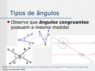Tipos de ângulos Observe que  ângulos congruentes  possuem a mesma medida! Fonte:  http://portaldoprofessor.mec.gov.br/storage/discovirtual/aulas/1477/imagens/tiposAngulos.jpg   Acesso em Setembro 2009. 