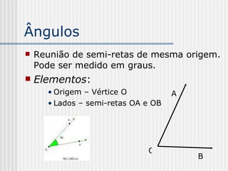 Ângulos  Reunião de semi-retas de mesma origem. Pode ser medido em graus.  Elementos : Origem – Vértice O Lados – semi-retas OA e OB O A B 