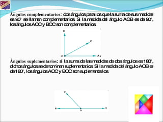 Ángulos complementarios: dos ángulos para los que la suma de sus medidas es 90° se llaman complementarios. Si la medida del ángulo AOB es de 90°, los ángulos AOC y BOC son complementarios. Ángulos suplementarios : si la suma de las medidas de dos ángulos es 180°, dichos ángulos se denominan suplementarios. Si la medida del ángulo AOB es de 180°, los ángulos AOC y BOC son suplementarios.