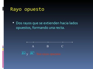Rayo opuesto Dos rayos que se extienden hacia lados opuestos, formando una recta. A B C y Son rayos opuestos 