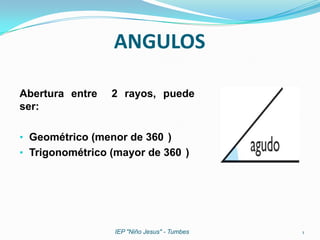 ANGULOS

Abertura entre   2 rayos, puede
ser:

• Geométrico (menor de 360 )
• Trigonométrico (mayor de 360 )




                 IEP "Niño Jesus" - Tumbes   1
 