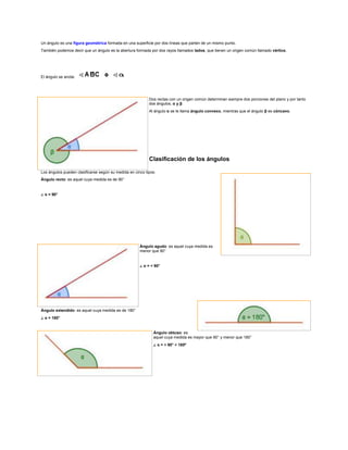 Un ángulo es una figura geométrica formada en una superficie por dos líneas que parten de un mismo punto.
También podemos decir que un ángulo es la abertura formada por dos rayos llamados lados, que tienen un origen común llamado vértice.




El ángulo se anota:




                                                           Dos rectas con un origen común determinan siempre dos porciones del plano y por tanto
                                                           dos ángulos, α y β.
                                                           Al ángulo α se le llama ángulo convexo, mientras que el ángulo β es cóncavo.




                                                           Clasificación de los ángulos

Los ángulos pueden clasificarse según su medida en cinco tipos:
Ángulo recto: es aquel cuya medida es de 90°


∠ α = 90°




                                                      Ángulo agudo: es aquel cuya medida es
                                                      menor que 90°


                                                      ∠ α = < 90°




Ángulo extendido: es aquel cuya medida es de 180°
∠ α = 180°


                                                             Ángulo obtuso: es
                                                             aquel cuya medida es mayor que 90° y menor que 180°
                                                             ∠ α = > 90° < 180º
 