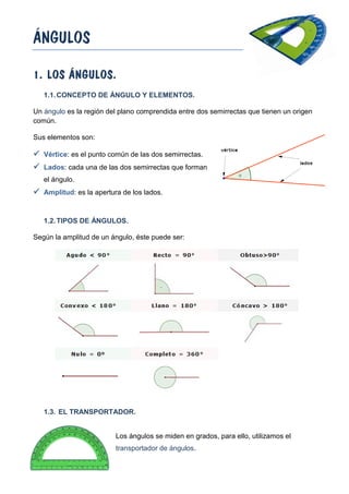 ÁNGULOS

1. LOS ÁNGULOS.
   1.1. CONCEPTO DE ÁNGULO Y ELEMENTOS.

Un ángulo es la región del plano comprendida entre dos s...