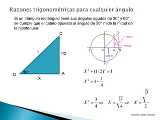 Si un triángulo rectángulo tiene sus ángulos agudos de 30° y 60°
se cumple que el cateto opuesto al ángulo de 30° mide la mitad de
la hipotenusa
                          C



            1            1/2



    30°                   A           X 2 + (1 / 2) 2 = 1
O
             X                                   1
                                      X = 1−
                                        2

                                                 4
                                                                               3
                                             3              3
                                      X2 =     ⇒      X=      ⇒     X=
                                             4              4                 2
                                                                  Docente Julián Caicedo
 