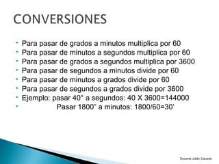    Para pasar de grados a minutos multiplica por 60
   Para pasar de minutos a segundos multiplica por 60
   Para pasar de grados a segundos multiplica por 3600
   Para pasar de segundos a minutos divide por 60
   Para pasar de minutos a grados divide por 60
   Para pasar de segundos a grados divide por 3600
   Ejemplo: pasar 40° a segundos: 40 X 3600=144000
             Pasar 1800” a minutos: 1800/60=30’




                                                  Docente Julián Caicedo
 