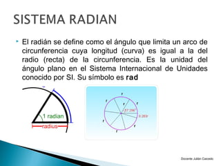    El radián se define como el ángulo que limita un arco de
    circunferencia cuya longitud (curva) es igual a la del
    radio (recta) de la circunferencia. Es la unidad del
    ángulo plano en el Sistema Internacional de Unidades
    conocido por SI. Su símbolo es rad




                                                   Docente Julián Caicedo
 
