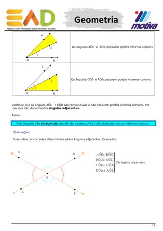 Geometria
Os ângulos AÔC e AÔB possuem pontos internos comuns

Os ângulos CÔB e AÔB possuem pontos internos comuns

Verifique que os ângulos AÔC e CÔB são consecutivos e não possuem pontos internos comuns. Por
isso eles são denominados ângulos adjacentes.
Assim:
Dois ângulos são adjacentes quando são consecutivos e não possuem pontos internos comuns.
Observação:
Duas retas concorrentes determinam vários ângulos adjacentes. Exemplos:

16

 