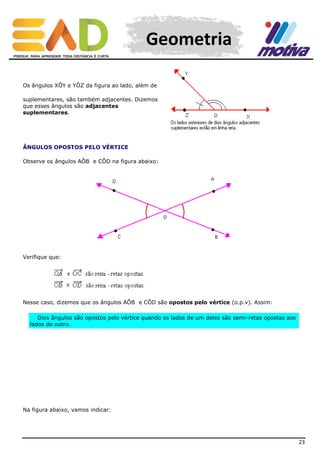 Geometria
Os ângulos XÔY e YÔZ da figura ao lado, além de
suplementares, são também adjacentes. Dizemos
que esses ângulos são adjacentes
suplementares.

ÂNGULOS OPOSTOS PELO VÉRTICE
Observe os ângulos AÔB e CÔD na figura abaixo:

Verifique que:

Nesse caso, dizemos que os ângulos AÔB e CÔD são opostos pelo vértice (o.p.v). Assim:
Dois ângulos são opostos pelo vértice quando os lados de um deles são semi-retas opostas aos
lados do outro.

Na figura abaixo, vamos indicar:

23

 