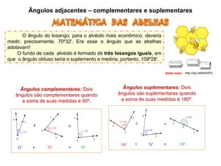 Ângulos adjacentes – complementares e suplementares
O ângulo do losango, para o alvéolo mais econômico, deveria
medir, precisamente, 70º32'. Era esse o ângulo que as abelhas
adotavam!
O fundo de cada alvéolo é formado de três losangos iguais, em
que o ângulo obtuso seria o suplemento e mediria, portanto, 109º28'.
http://zip.net/bhh97sSaiba mais:
Ângulos complementares: Dois
ângulos são complementares quando
a soma de suas medidas é 90º.
Ângulos suplementares: Dois
ângulos são suplementares quando
a soma de suas medidas é 180º.
 