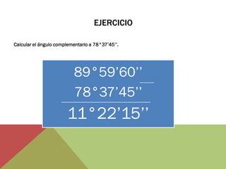 EJERCICIO 
Calcular el ángulo complementario a 78°37’45’’. 
89°59’60’’ 
78°37’45’’ 
11°22’15’’  