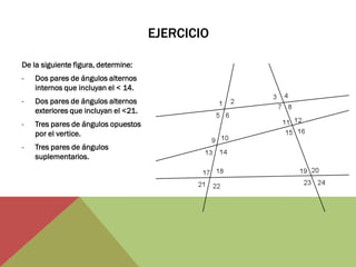 EJERCICIO 
De la siguiente figura, determine: 
-Dos pares de ángulos alternos internos que incluyan el < 14. 
-Dos pares de ángulos alternos exteriores que incluyan el <21. 
-Tres pares de ángulos opuestos por el vertice. 
-Tres pares de ángulos suplementarios.  