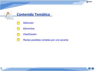 Inicio
Contenido Temático
Definición
Elementos
Clasificación
Rectas paralelas cortadas por una secante
 