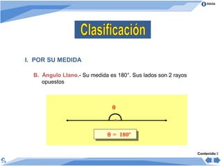 Inicio
I. POR SU MEDIDA
B. Ángulo Llano.- Su medida es 180°. Sus lados son 2 rayos
opuestos
θ = 180ºθ = 180º
θ
Contenido 
 