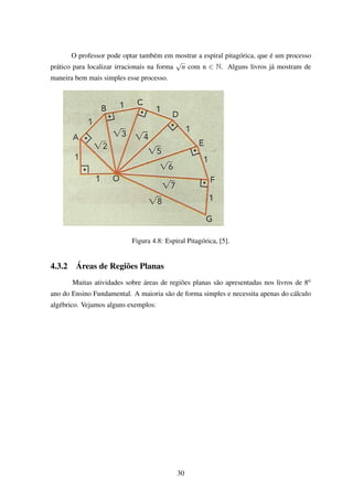 O professor pode optar também em mostrar a espiral pitagórica, que é um processo
prático para localizar irracionais na forma
√
n com n ∈ N. Alguns livros já mostram de
maneira bem mais simples esse processo.
Figura 4.8: Espiral Pitagórica, [5].
4.3.2 Áreas de Regiões Planas
Muitas atividades sobre áreas de regiões planas são apresentadas nos livros de 8o
ano do Ensino Fundamental. A maioria são de forma simples e necessita apenas do cálculo
algébrico. Vejamos alguns exemplos:
30
 