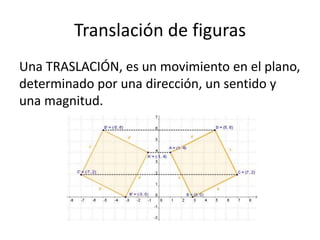 Translación de figuras
Una TRASLACIÓN, es un movimiento en el plano,
determinado por una dirección, un sentido y
una magnitud.
 