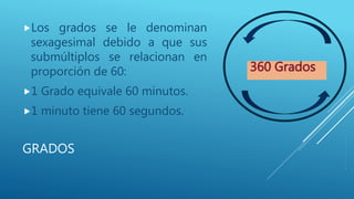 GRADOS
Los grados se le denominan
sexagesimal debido a que sus
submúltiplos se relacionan en
proporción de 60:
1 Grado equivale 60 minutos.
1 minuto tiene 60 segundos.
 