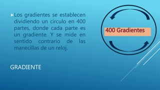 GRADIENTE
Los gradientes se establecen
dividiendo un círculo en 400
partes, donde cada parte es
un gradiente. Y se mide en
sentido contrario de las
manecillas de un reloj.
 