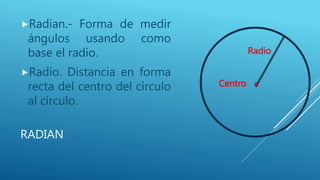 RADIAN
Radian.- Forma de medir
ángulos usando como
base el radio.
Radio. Distancia en forma
recta del centro del circulo
al círculo.
Radio
Centro
 