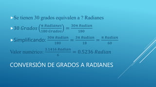 CONVERSIÓN DE GRADOS A RADIANES
Se tienen 30 grados equivalen a ? Radianes
30 𝐺𝑟𝑎𝑑𝑜𝑠
π 𝑅𝑎𝑑𝑖𝑎𝑛𝑒𝑠
180 𝐺𝑟𝑎𝑑𝑜𝑠
=
30π 𝑅𝑎𝑑𝑖𝑎𝑛
180
Simplificando:
30π 𝑅𝑎𝑑𝑖𝑎𝑛
180
=
3π 𝑅𝑎𝑑𝑖𝑎𝑛
18
=
π 𝑅𝑎𝑑𝑖𝑎𝑛
60
Valor numérico:
3.1416 𝑅𝑎𝑑𝑖𝑎𝑛
6
= 0.5236 𝑅𝑎𝑑𝑖𝑎𝑛
 